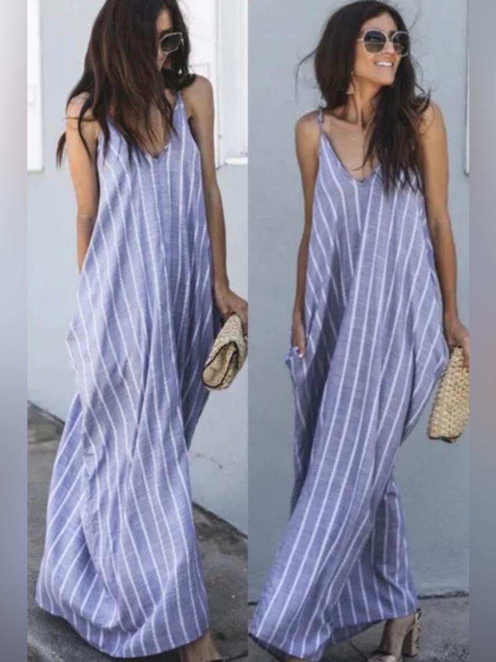Elan Lavender and White Striped V-Neck Maxi Dress